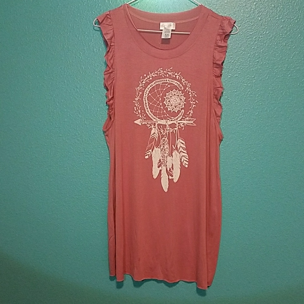 Last 1 XL!Boho Pink Dreamcatcher Ruffle Tank Tunic - Picture 4 of 7